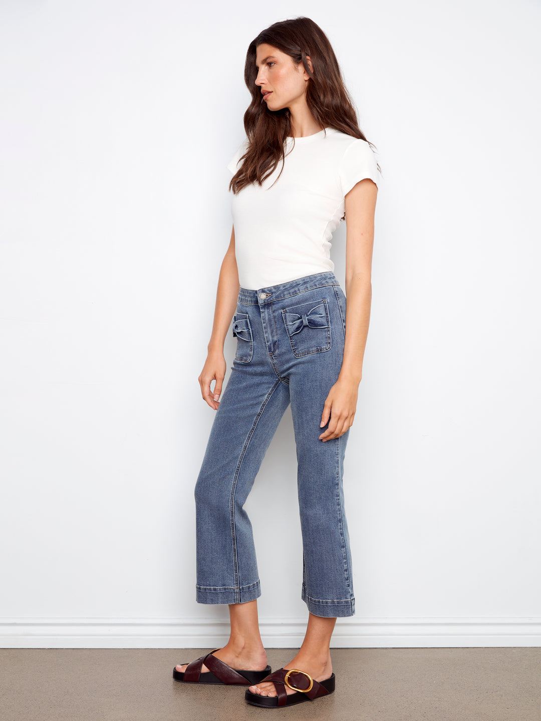 Flare Leg Stretch Denim Pants With Bow Patch Pockets