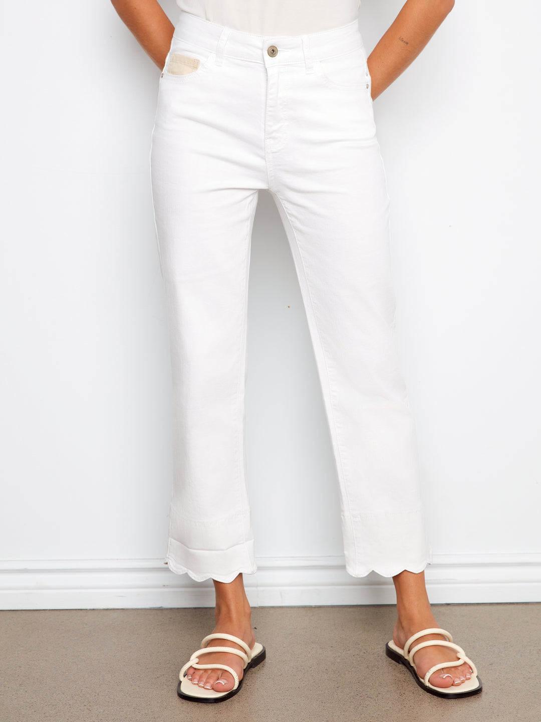 Ring Spun Denim Straight Leg Pants With Contrast Scallop Cuff