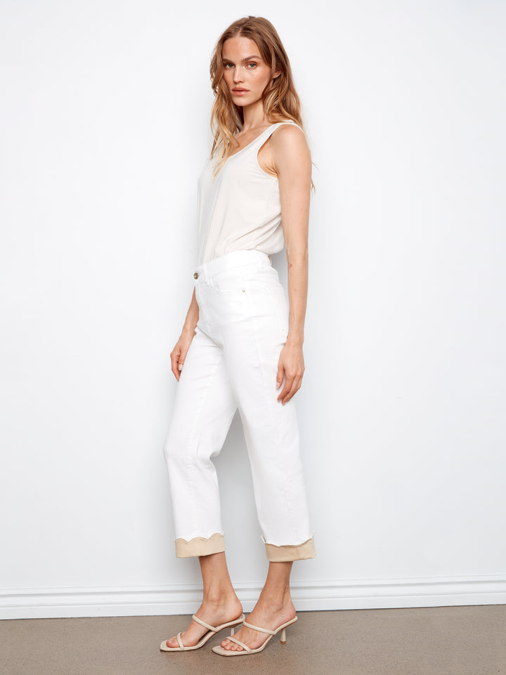 Ring Spun Denim Straight Leg Pants With Contrast Scallop Cuff