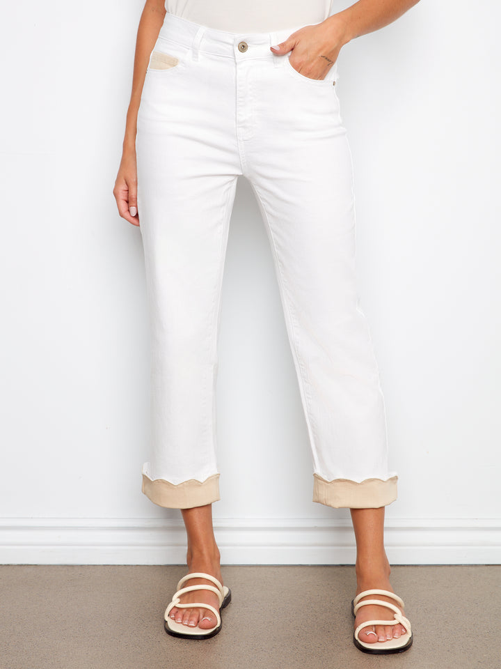 Ring Spun Denim Straight Leg Pants With Contrast Scallop Cuff