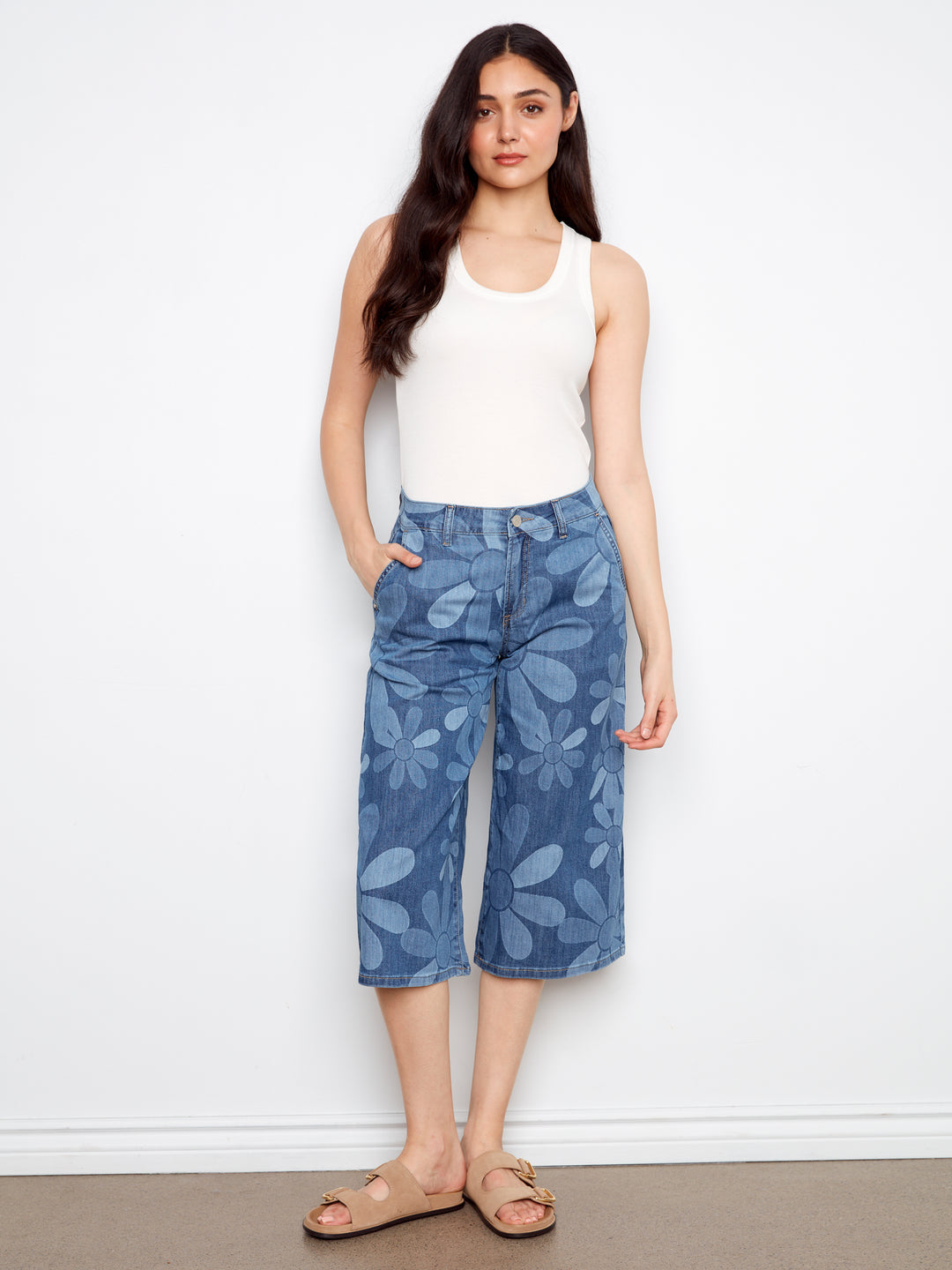 Printed Cropped Stretch Denim Palazzo Pants