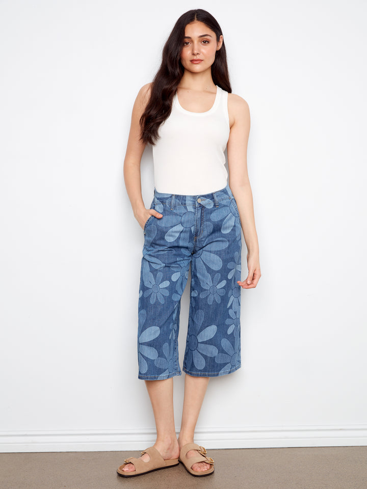 Printed Cropped Stretch Denim Palazzo Pants