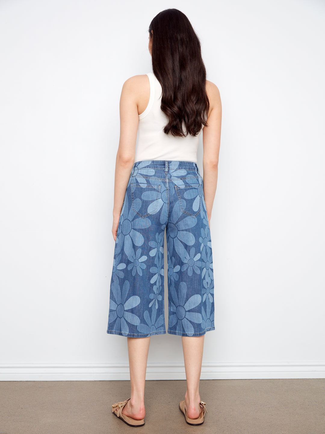 Printed Cropped Stretch Denim Palazzo Pants
