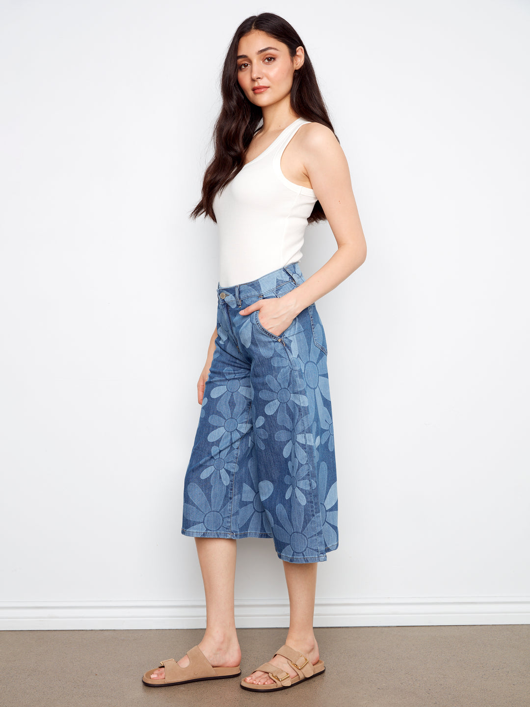 Printed Cropped Stretch Denim Palazzo Pants