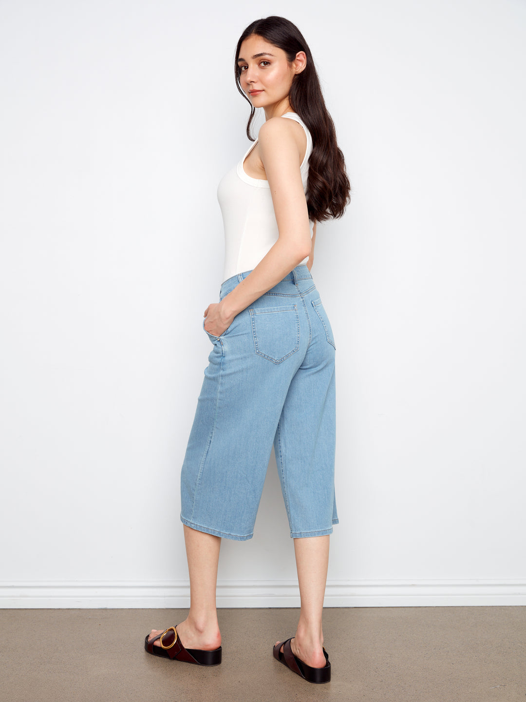 Cropped Stretch Denim Palazzo Pants