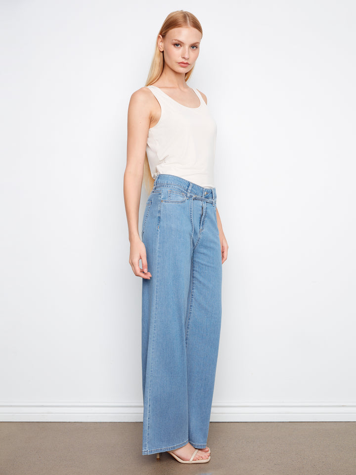 Belted Stretch Denim Wide Leg Pants