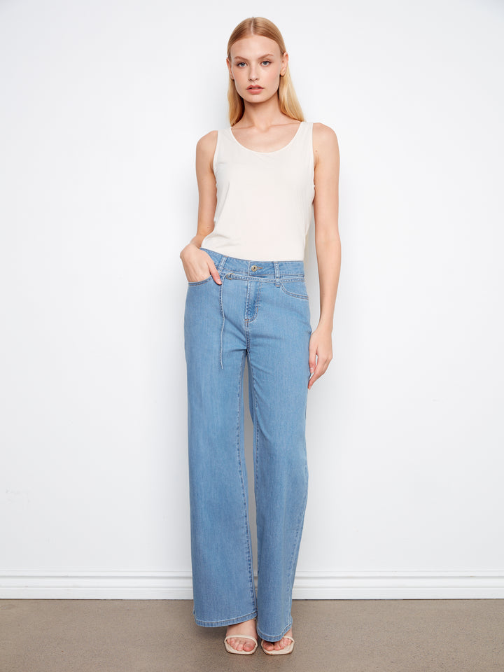 Belted Stretch Denim Wide Leg Pants