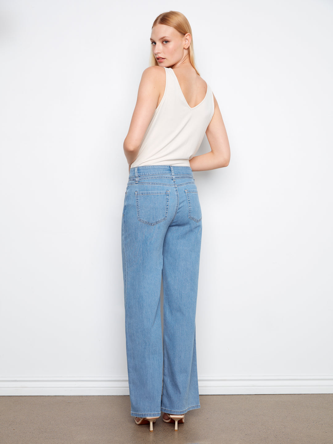 Belted Stretch Denim Wide Leg Pants