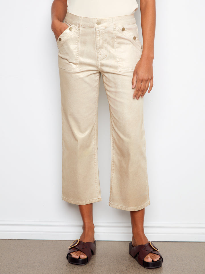 Foiled Twill Cropped Straight Leg Pants With Snap Buttons Patch Pockets