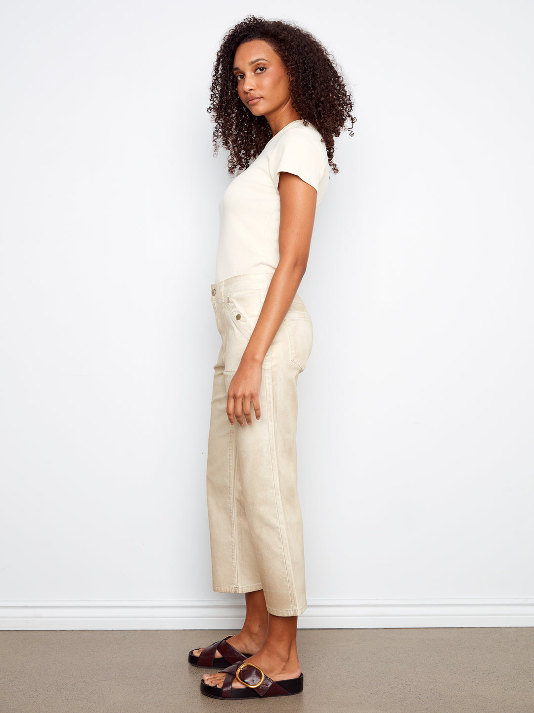 Foiled Twill Cropped Straight Leg Pants With Snap Buttons Patch Pockets