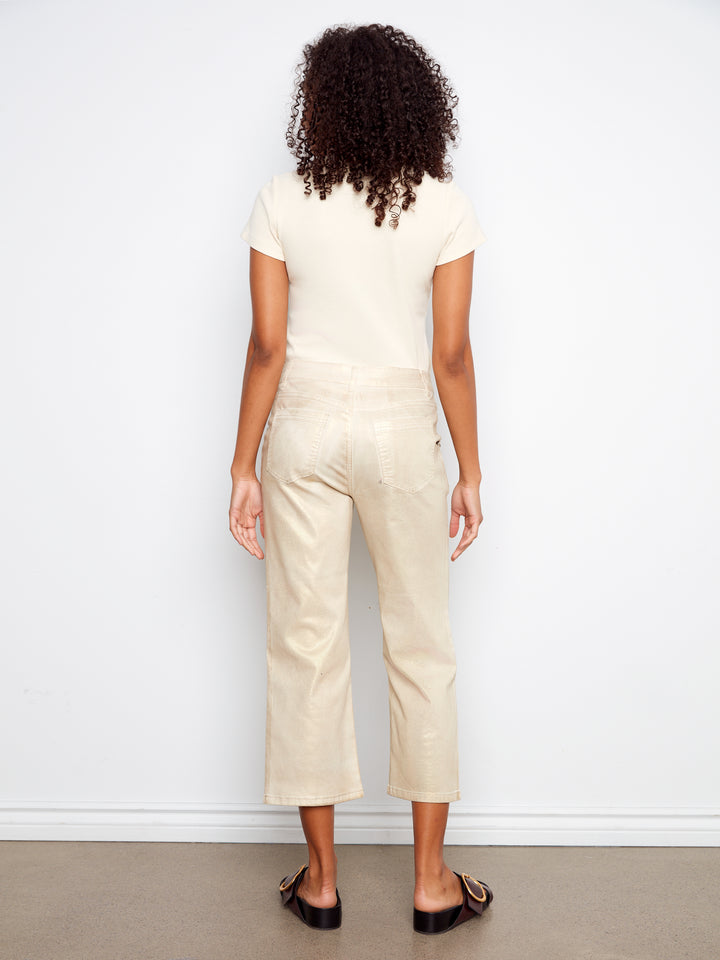 Foiled Twill Cropped Straight Leg Pants With Snap Buttons Patch Pockets