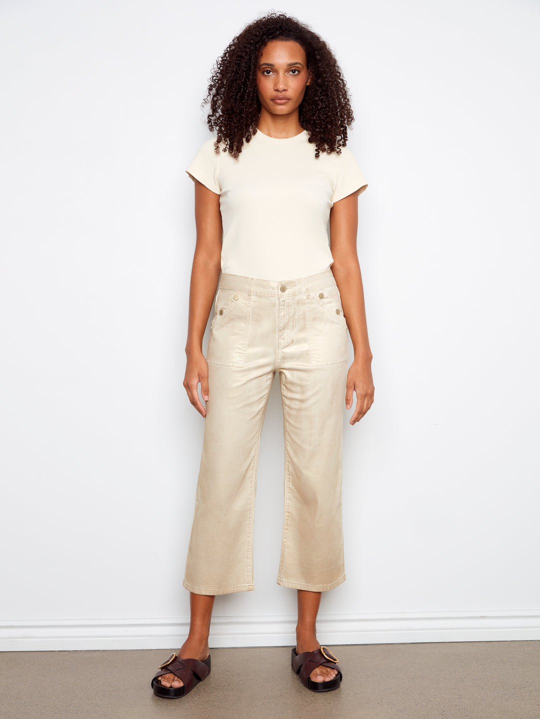 Foiled Twill Cropped Straight Leg Pants With Snap Buttons Patch Pockets