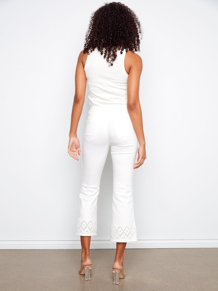 Ring Spun Denim Flare Leg Pant With Zigzag Embroidery At Hem