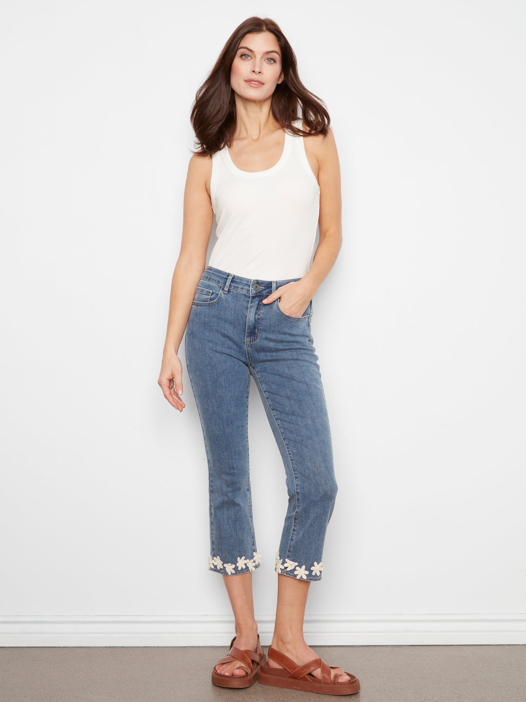 Flare Leg Stretch Denim Pants With Floral Trim At Hem