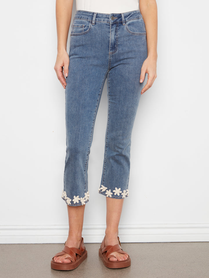 Flare Leg Stretch Denim Pants With Floral Trim At Hem