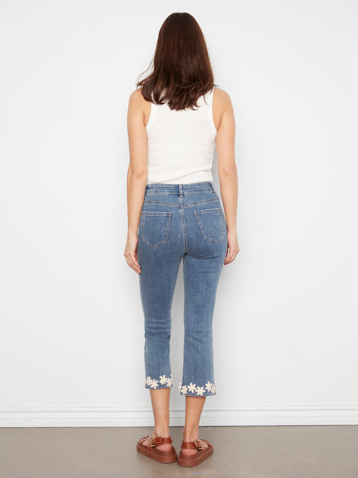 Flare Leg Stretch Denim Pants With Floral Trim At Hem