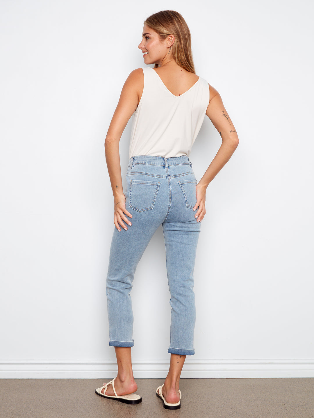 Stretch Denim Slim Leg Pants With Cuff