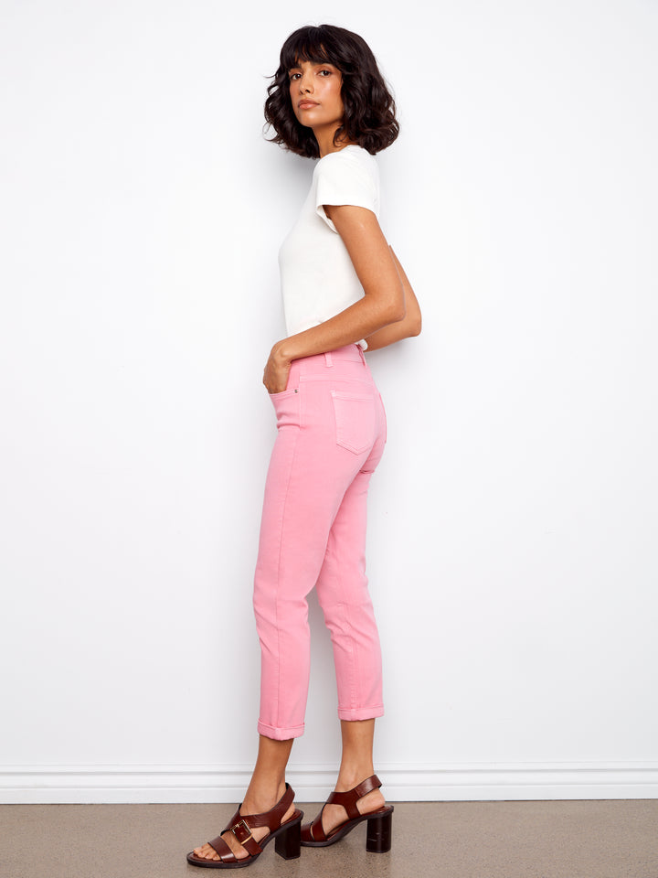 Colored Twill Slim Leg Pants With Cuff