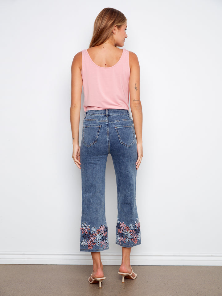 Stretch Denim Flare Leg Pants With Eyelet Embroidery At Hem