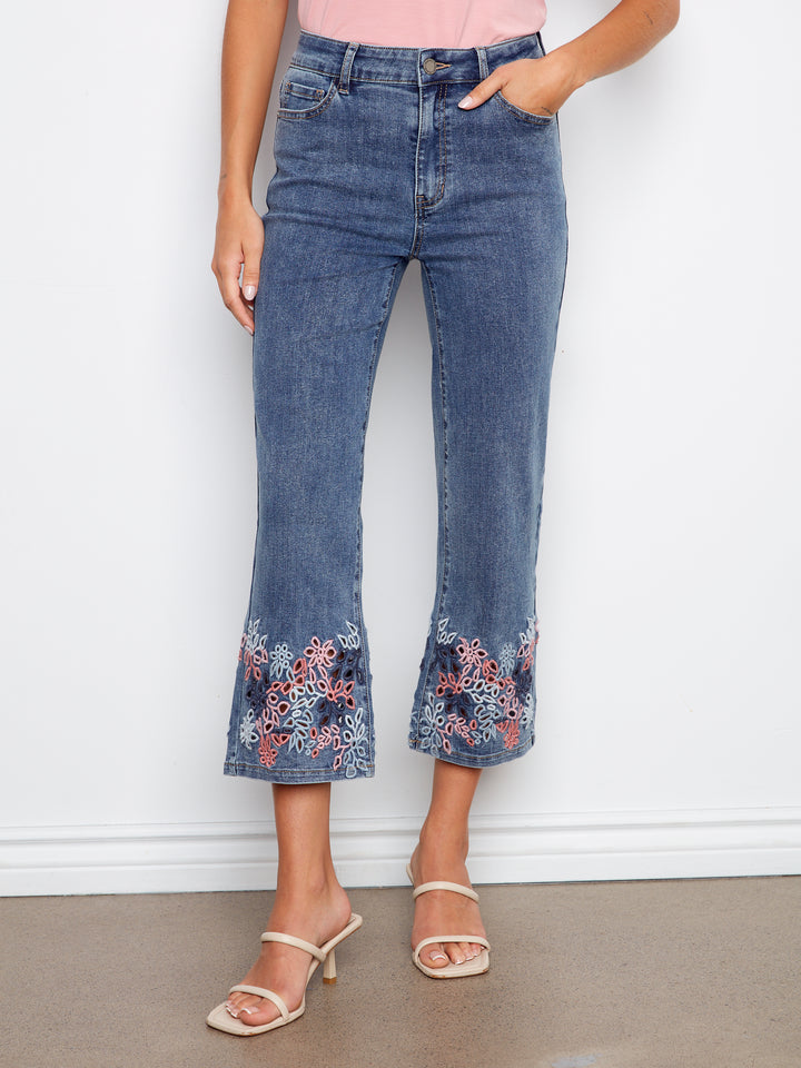 Stretch Denim Flare Leg Pants With Eyelet Embroidery At Hem