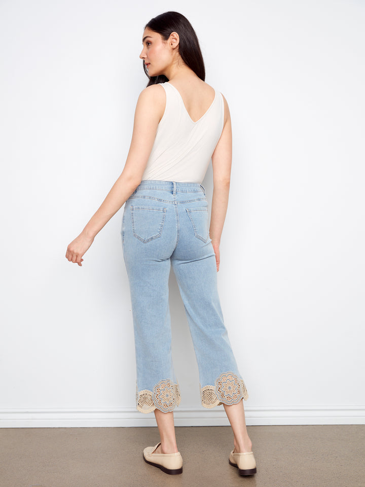 Stretch Denim Flare Leg Pants With Laser Cut Lace At Hem