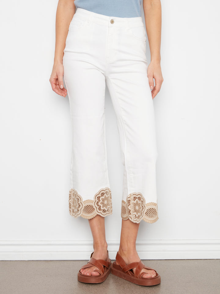 Ring Spun Denim Flare Leg Pants With Laser Cut Lace At Hem