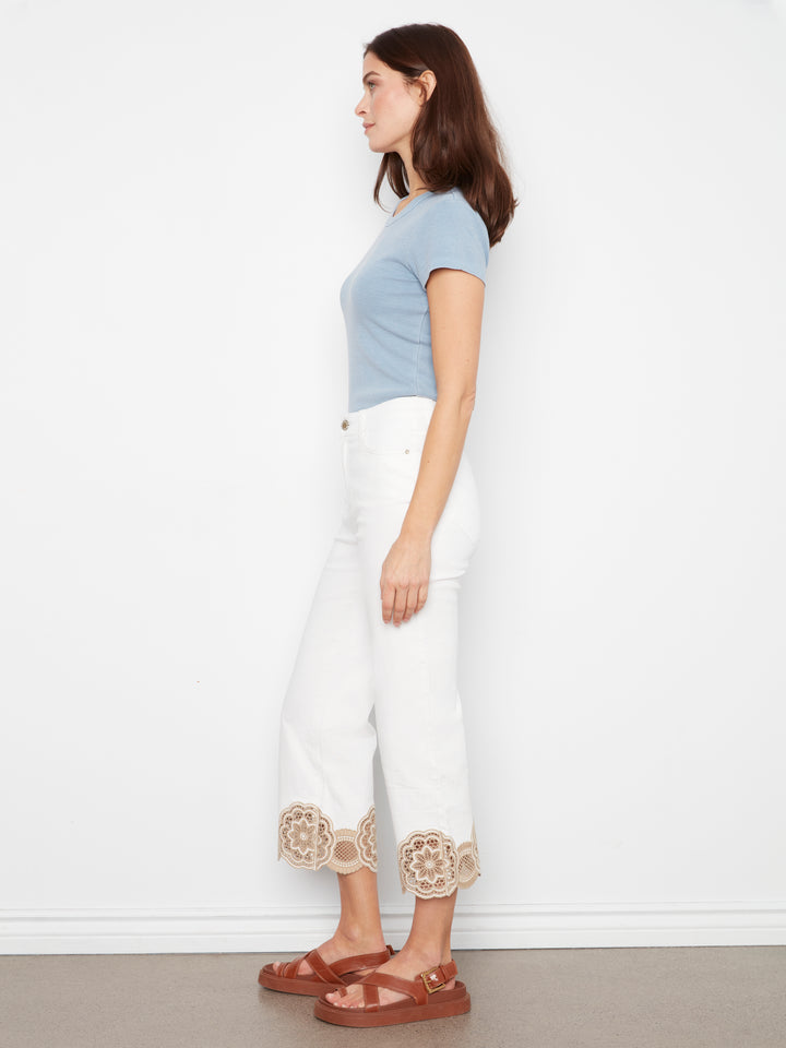 Ring Spun Denim Flare Leg Pants With Laser Cut Lace At Hem