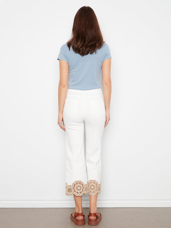 Ring Spun Denim Flare Leg Pants With Laser Cut Lace At Hem