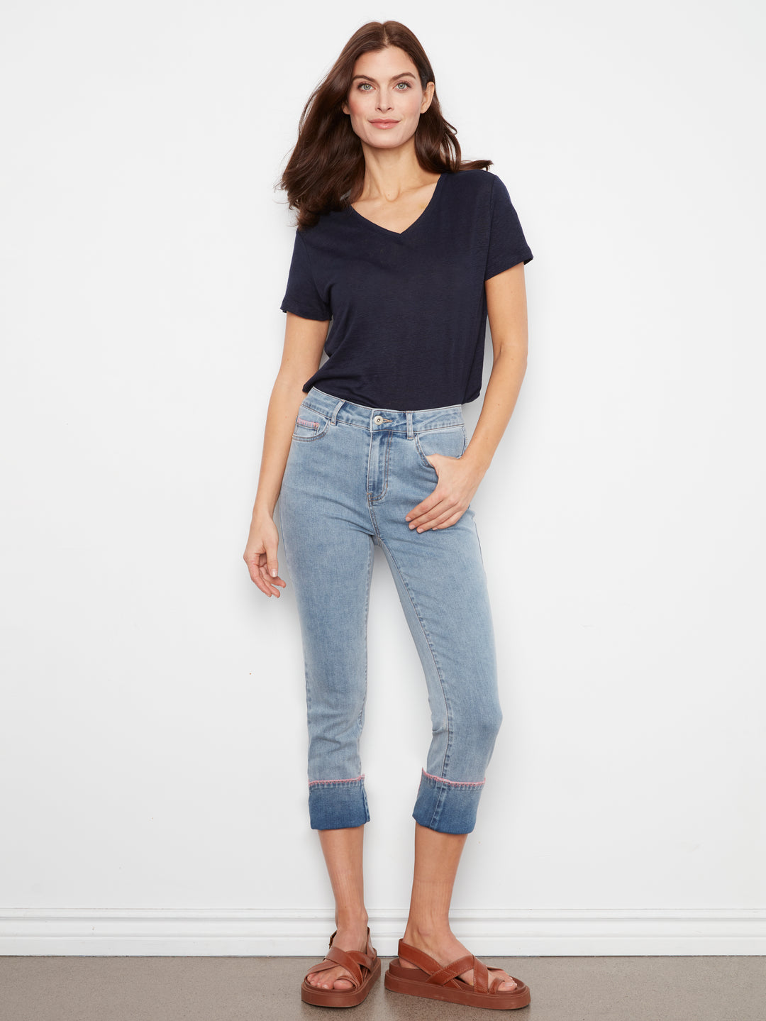 Slim Leg Stretch Denim Pants With Blanket Stitch Hem Cuff
