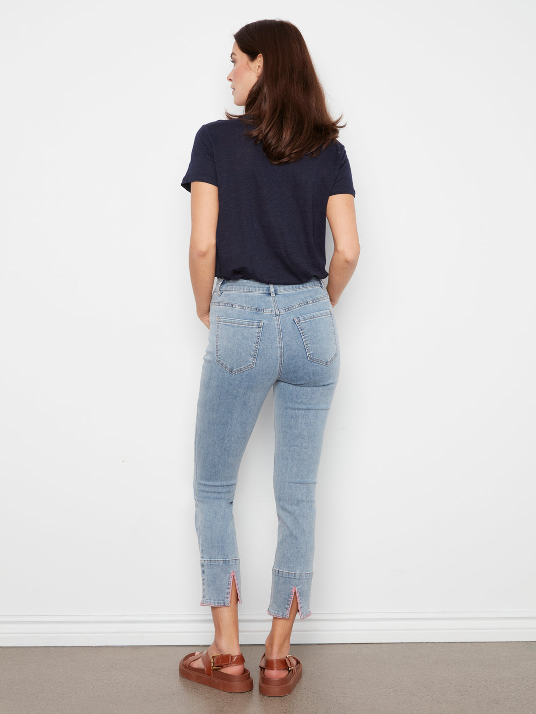 Slim Leg Stretch Denim Pants With Blanket Stitch Hem Cuff