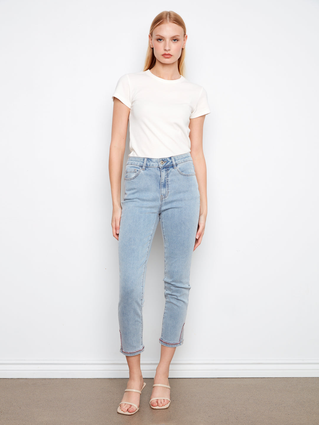 Stretch Denim Slim Leg Pants With Curved Embroidery Split At Hem