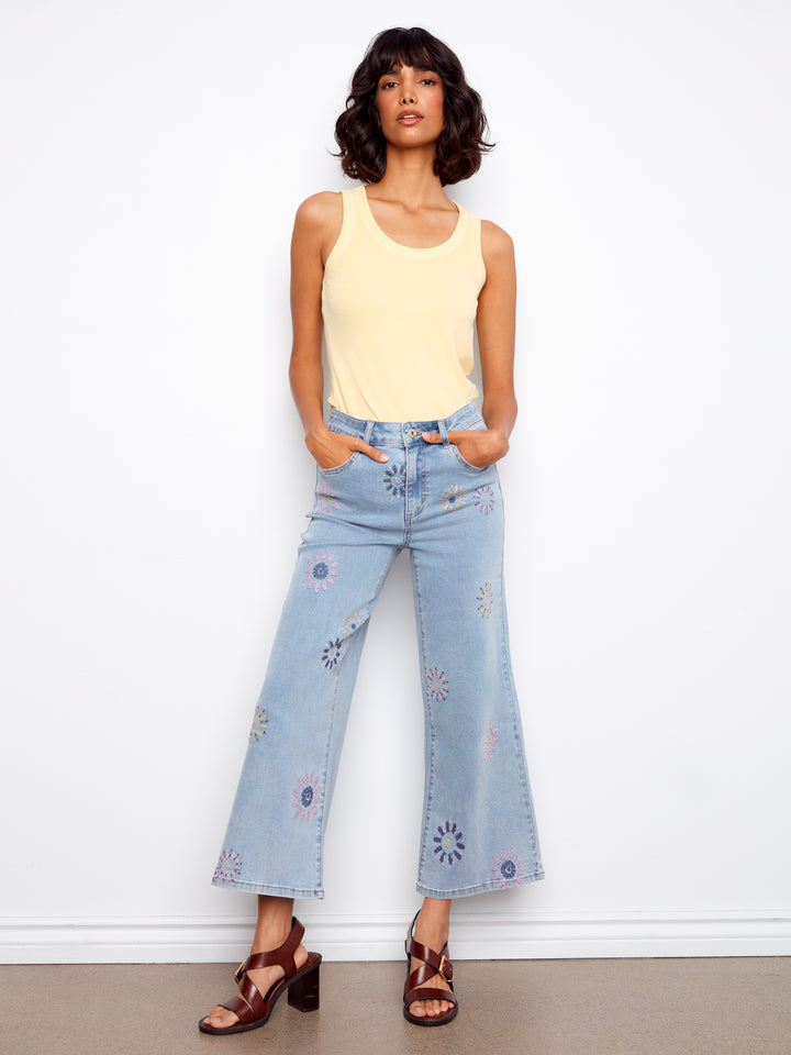 Wide Leg Stretch Denim Pants With All Over Pixelated Flower Embroidery
