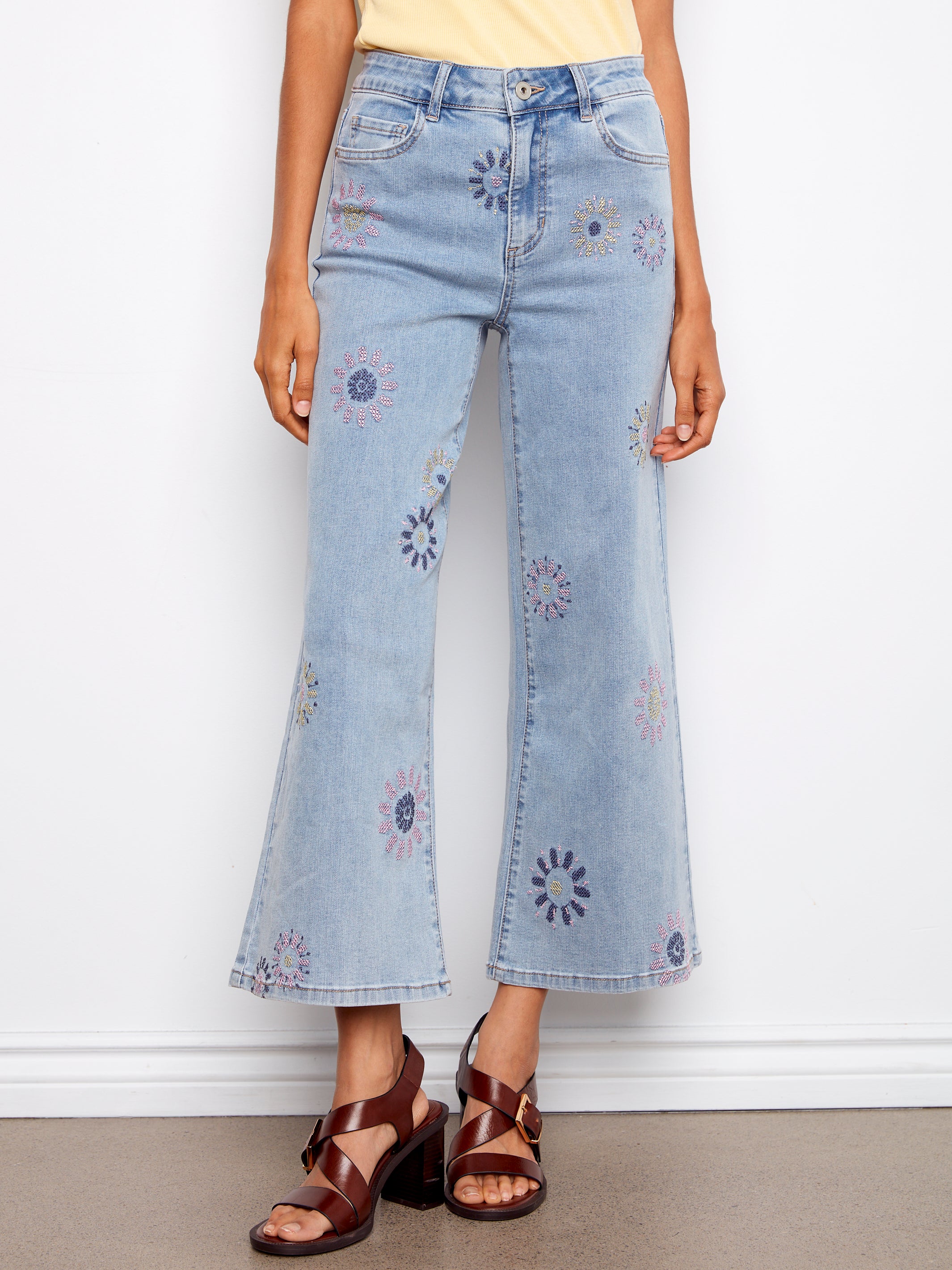Wide Leg Stretch Denim Pants With All Over Pixelated Flower