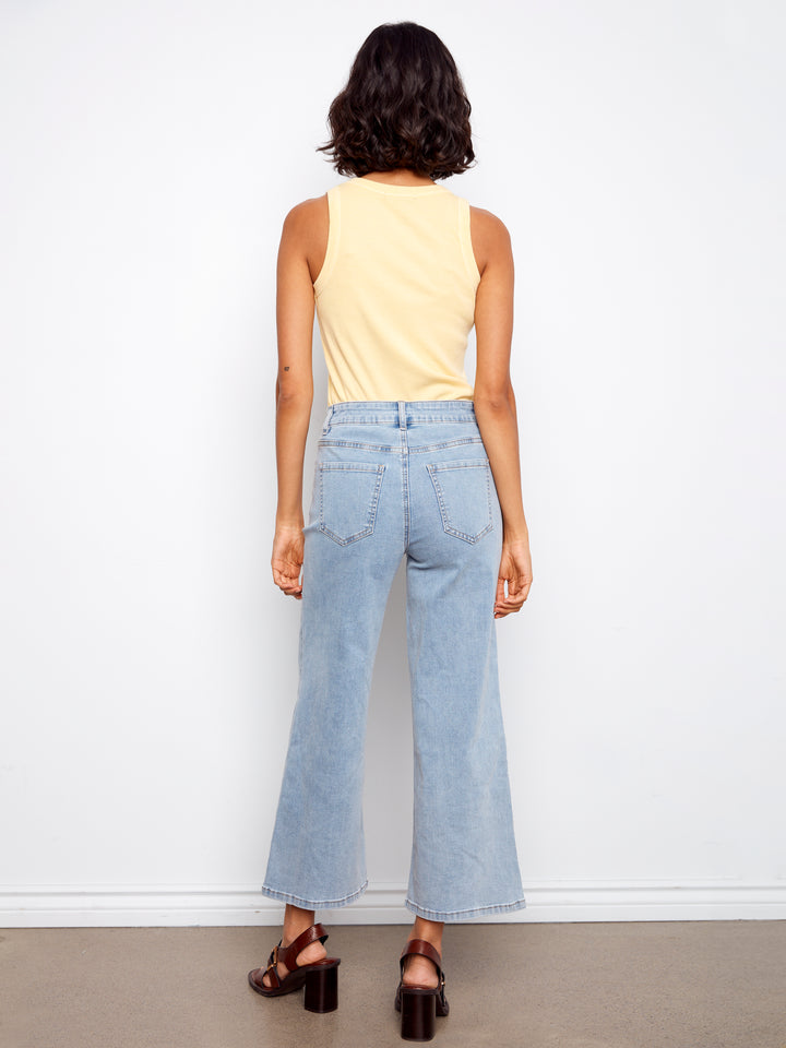 Wide Leg Stretch Denim Pants With All Over Pixelated Flower Embroidery