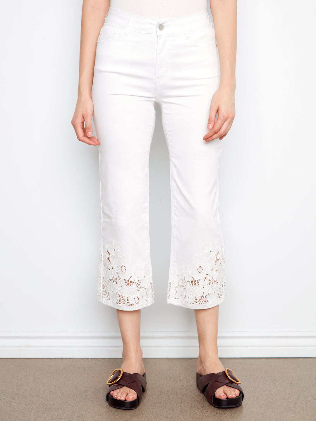 Crop Flare Leg Jeans with Laser Cut Lace Hem