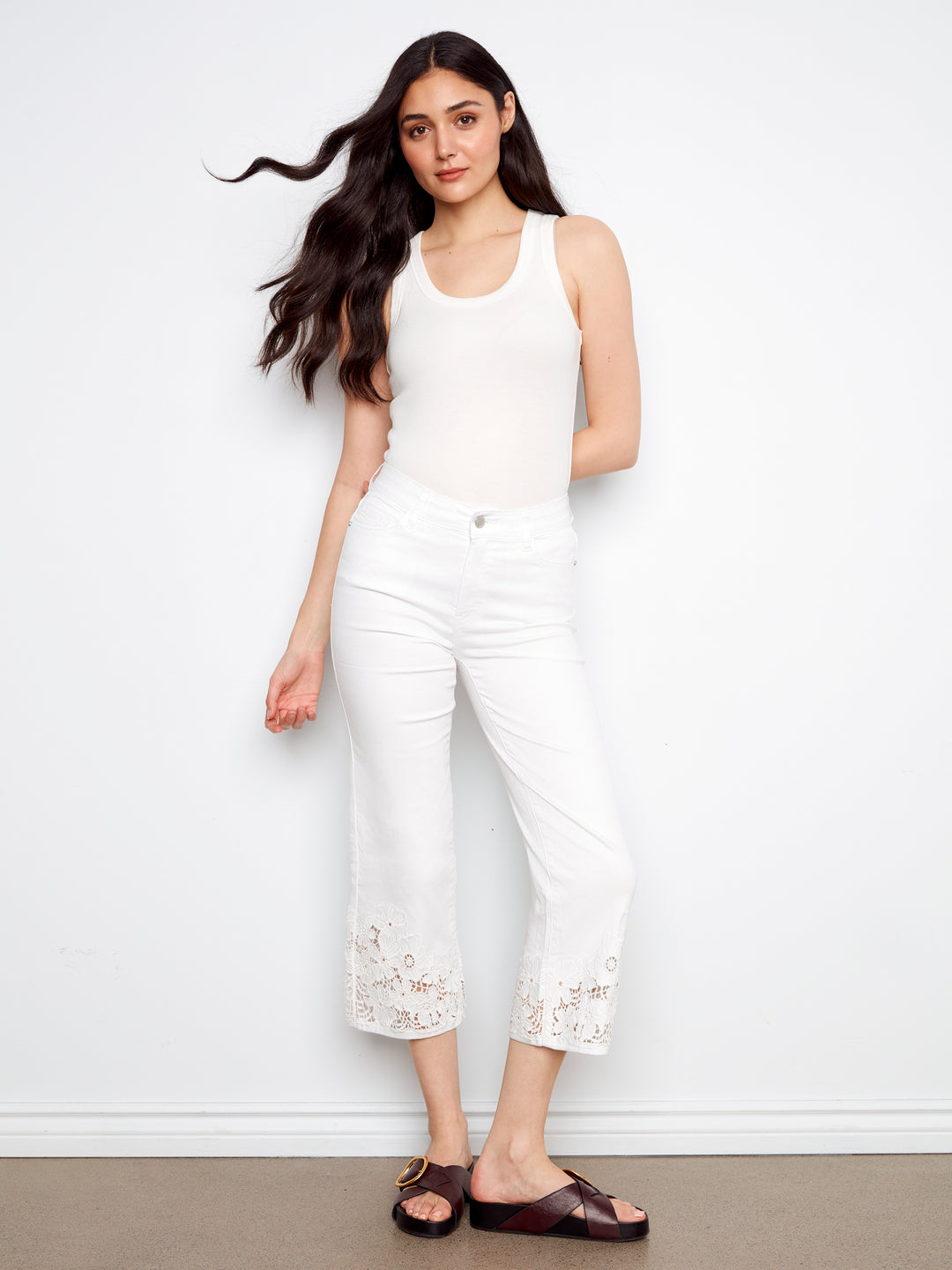 Crop Flare Leg Jeans with Laser Cut Lace Hem