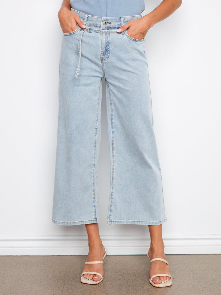 Belted Cropped Wide Leg Jeans