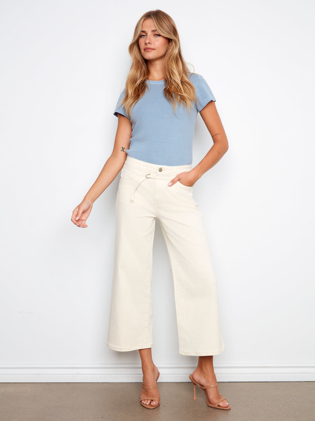 Belted Cropped Wide Leg Twill Jeans
