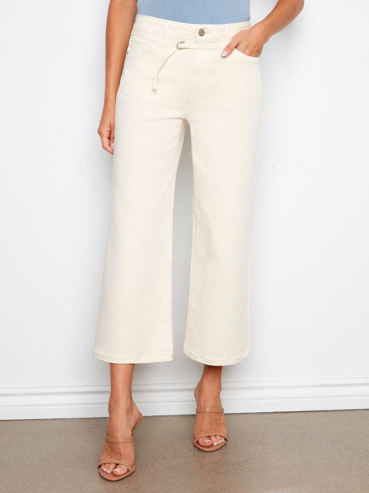 Belted Cropped Wide Leg Twill Jeans
