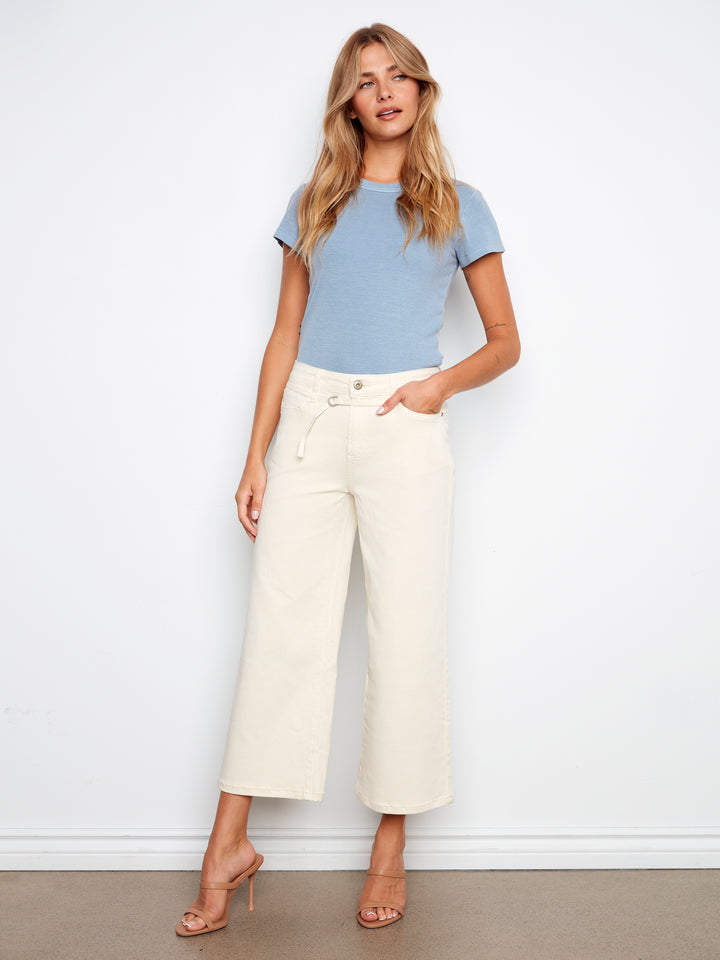 Belted Cropped Wide Leg Twill Jeans