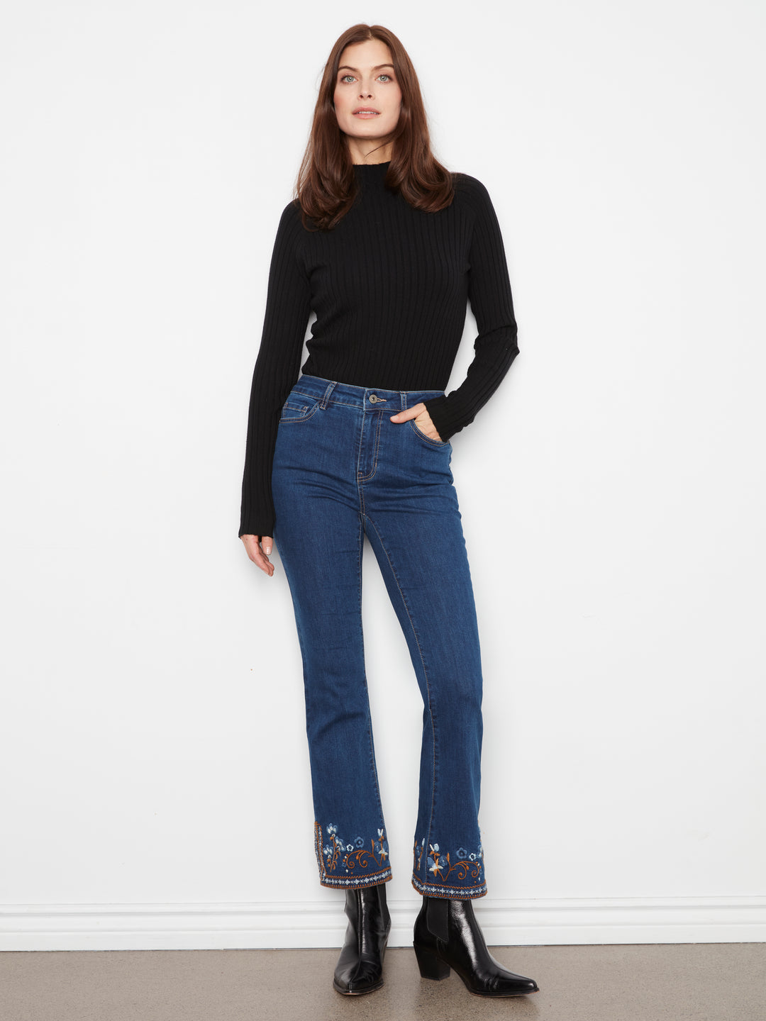 Flare Leg Denim Pants With Slits And Embroidery At Hem