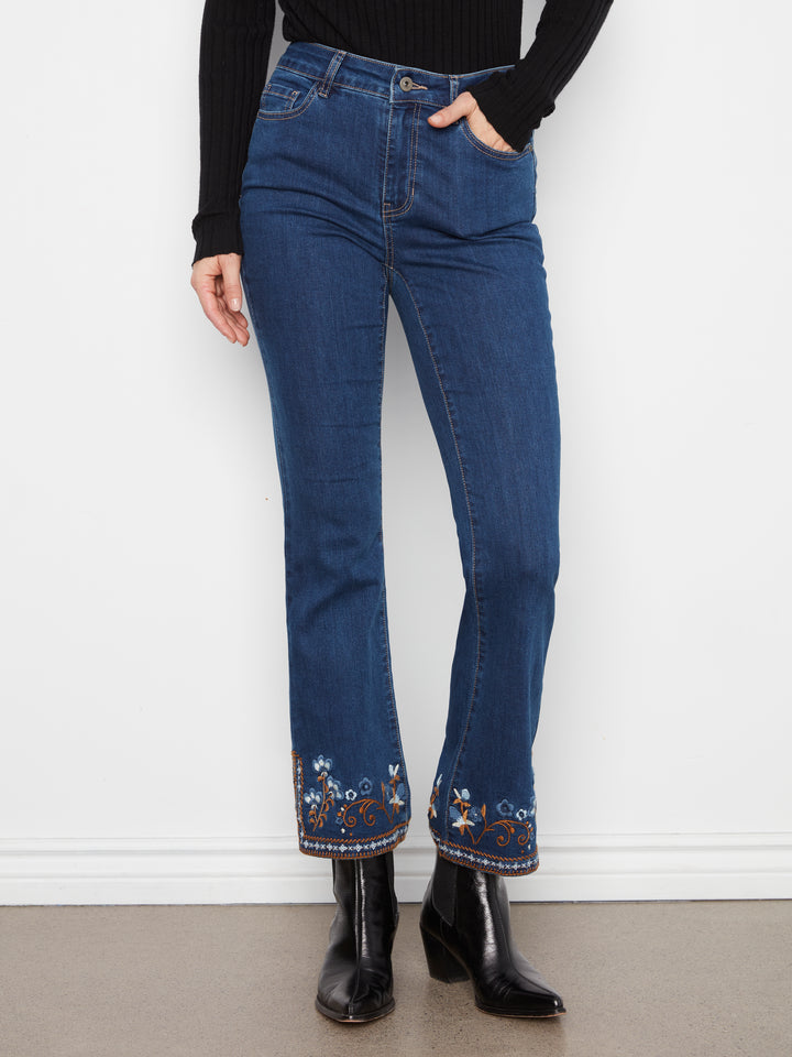 Flare Leg Denim Pants With Slits And Embroidery At Hem