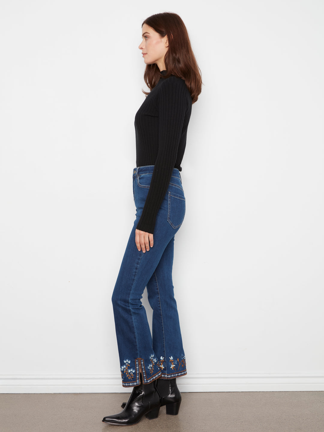Flare Leg Denim Pants With Slits And Embroidery At Hem