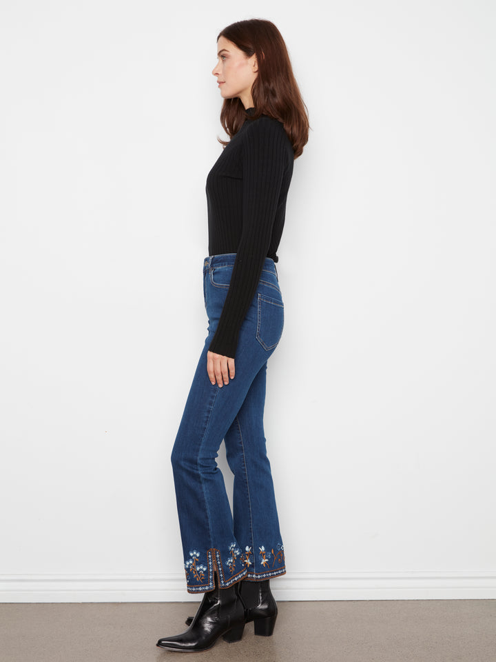 Flare Leg Denim Pants With Slits And Embroidery At Hem