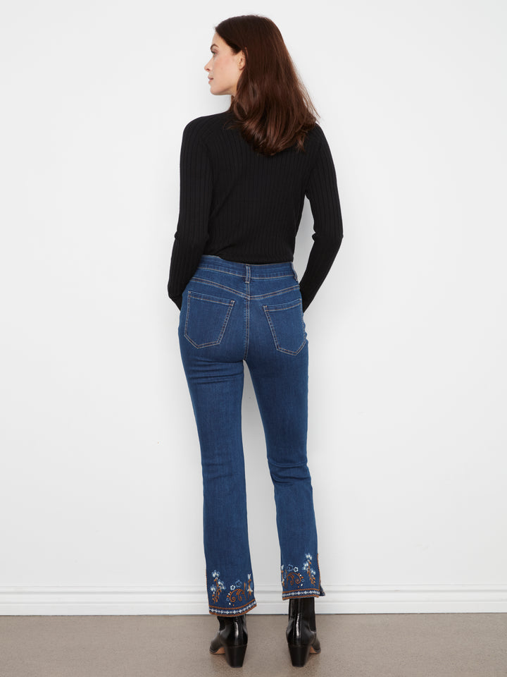 Flare Leg Denim Pants With Slits And Embroidery At Hem