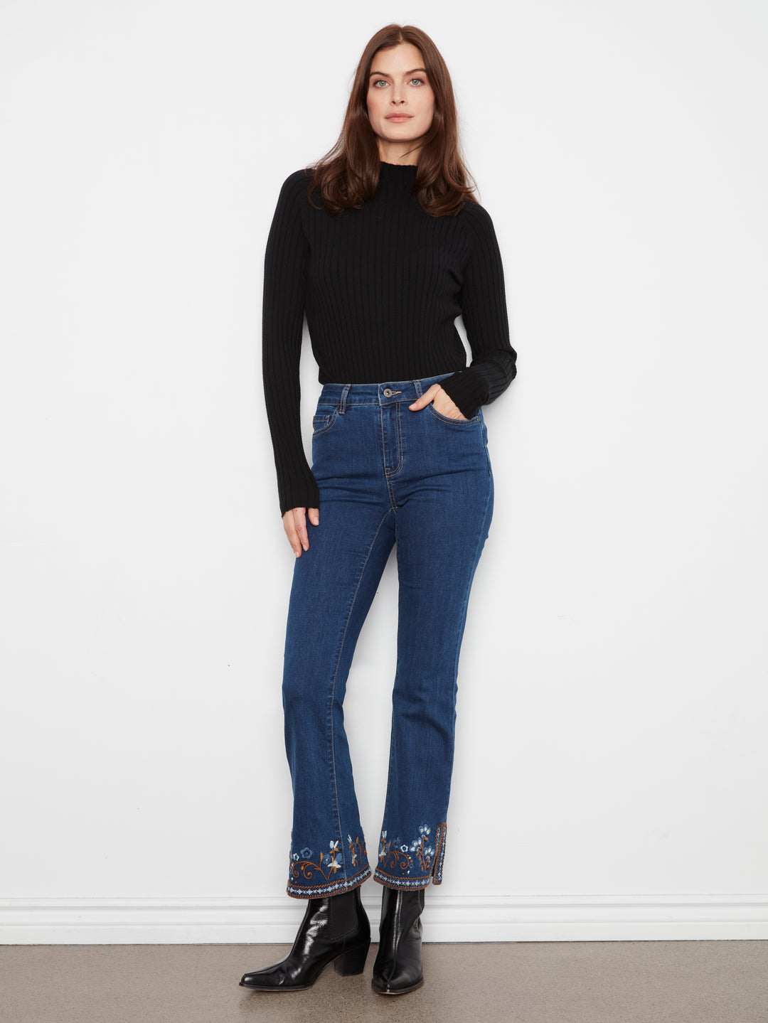 Flare Leg Denim Pants With Slits And Embroidery At Hem
