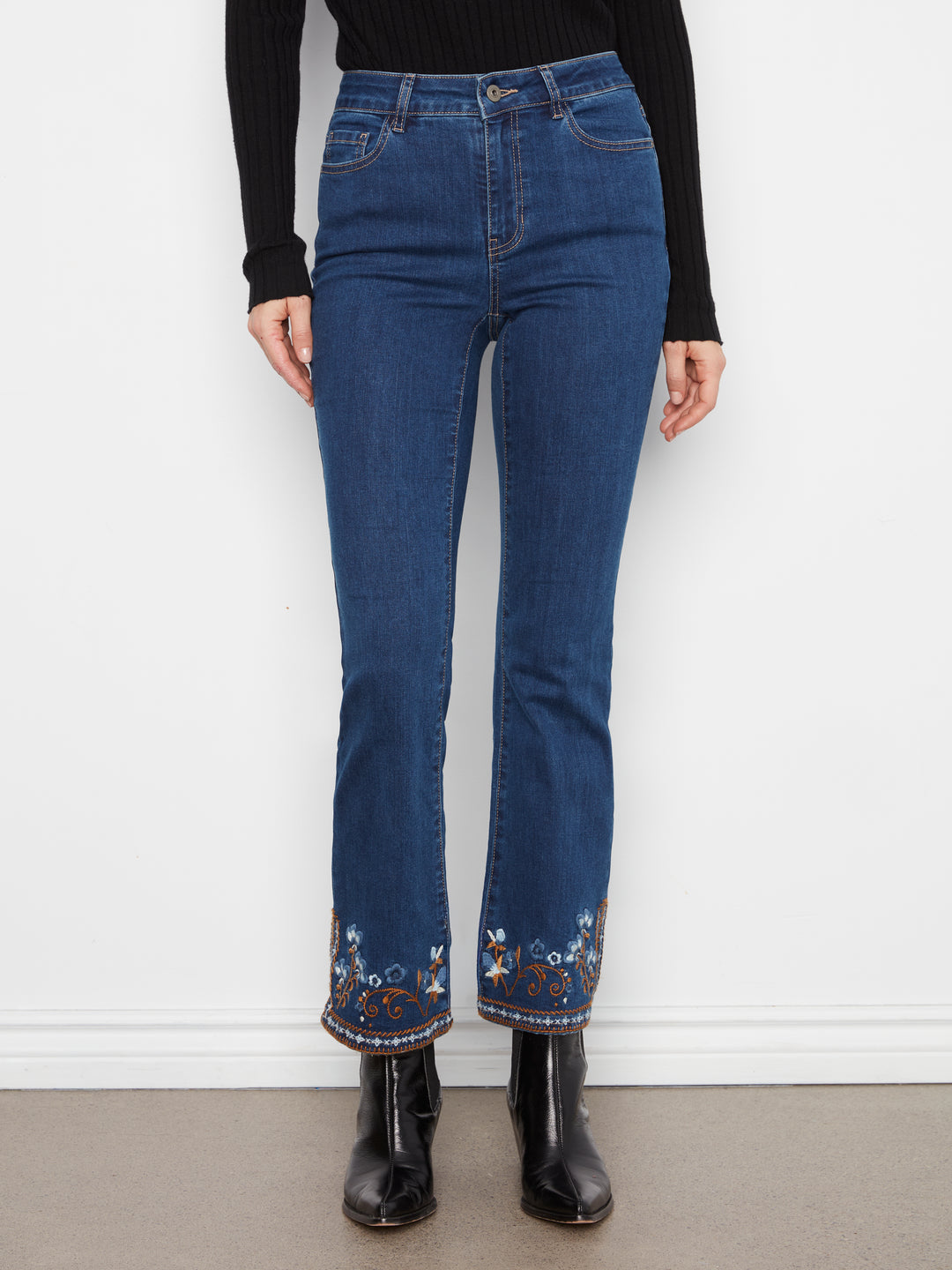 Flare Leg Denim Pants With Slits And Embroidery At Hem