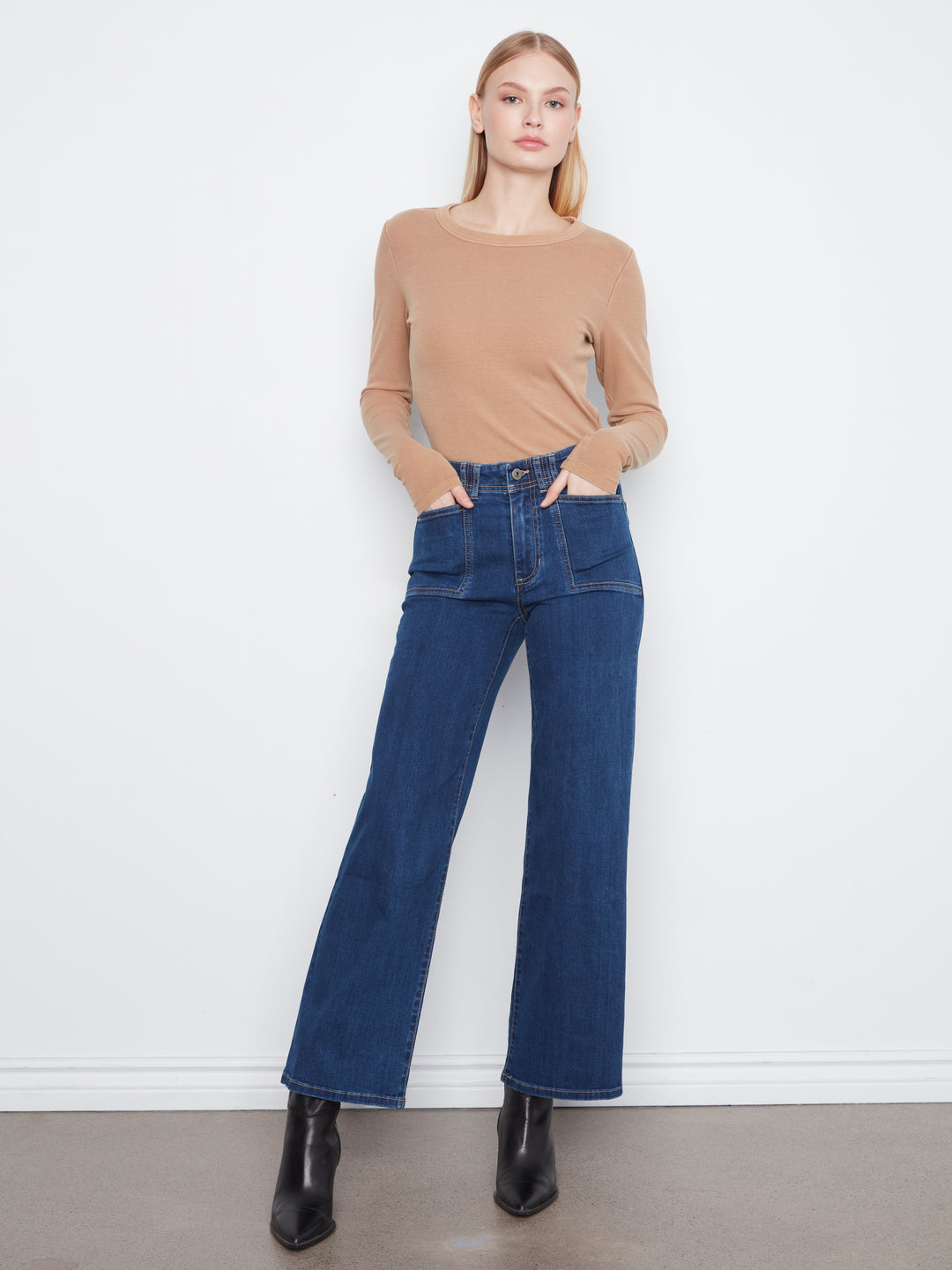 Wide Leg Stretch Denim Pants With Patch Pockets