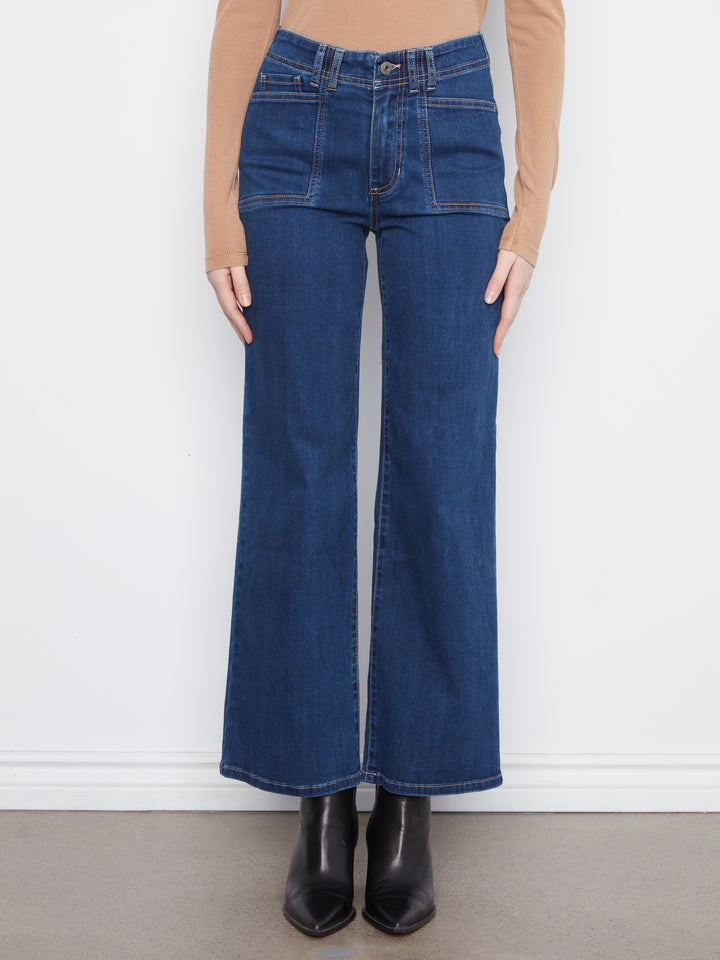 Wide Leg Stretch Denim Pants With Patch Pockets