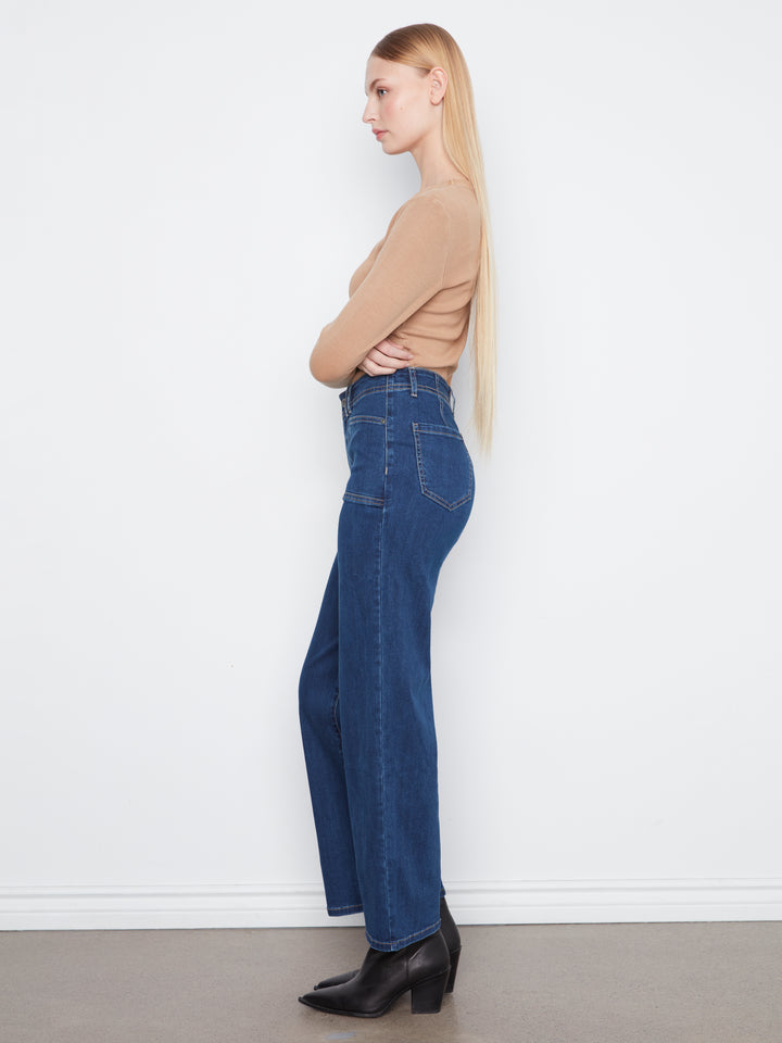 Wide Leg Stretch Denim Pants With Patch Pockets